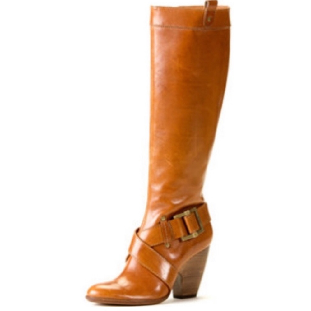 Frye Andrea Belted tall boot cognac brown Good used